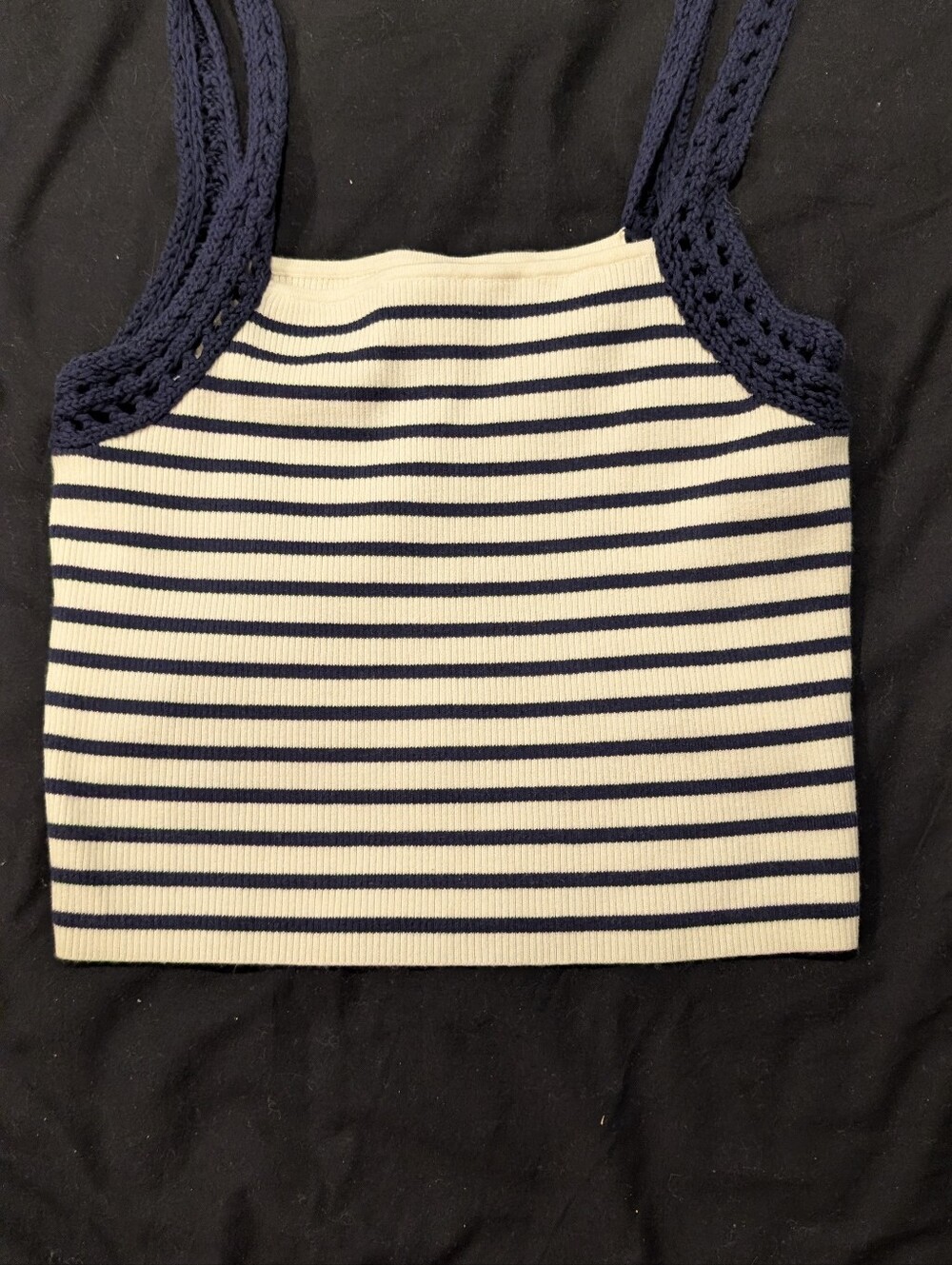 aerie Navy & Cream Striped Cropped Tank with Crochet Straps
